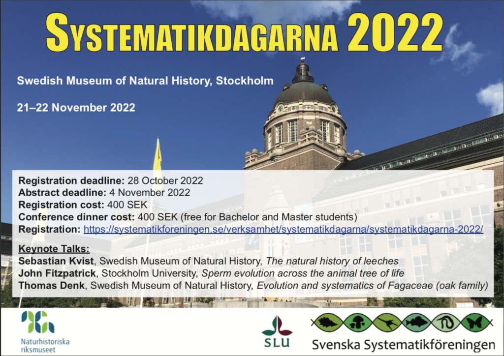 Flyer med reklam för Systematikdagarna 2022. En bild på Naturhistoriska riksmuseet, samt text om när evenemanget är, hur man anmäler sig osv. .